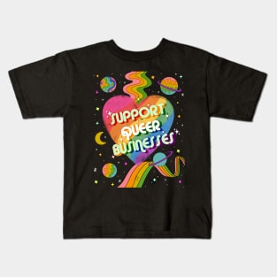 Support Queer Businesses Vintage Distressed with Planets & Rainbows Kids T-Shirt